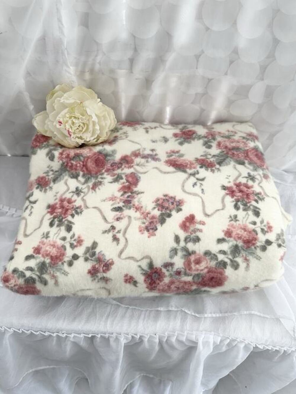 VTG Tennessee Woolen Mill Floral Blanket Fleece Pink Country Cottage 50 X 72 USA